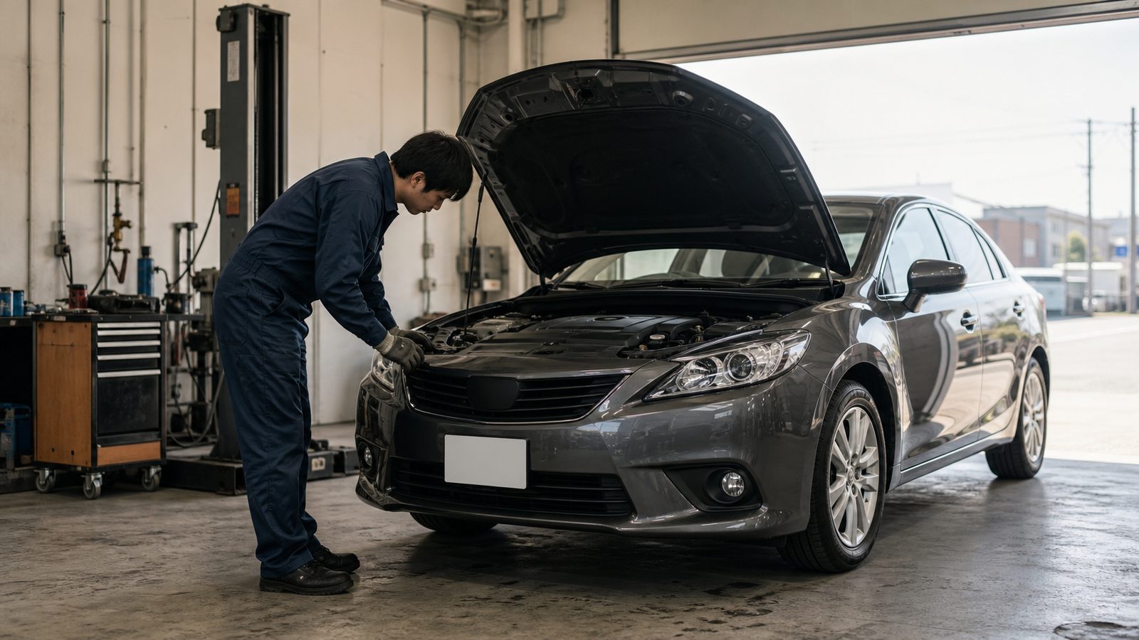 整備工場の前で、ボンネットを開けた車を確認する整備士