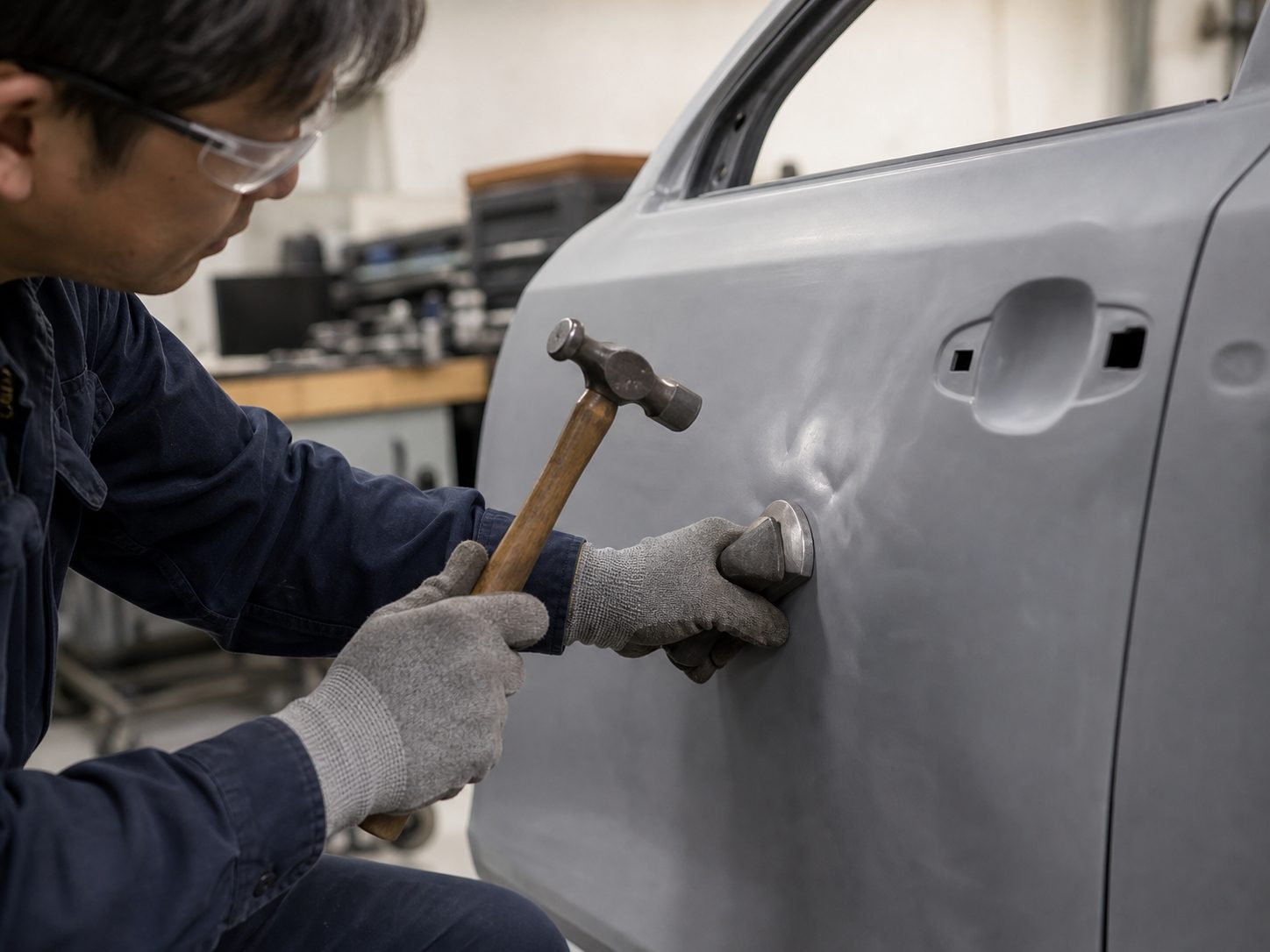 ドアパネルの面をハンマーとあて板で整える板金作業