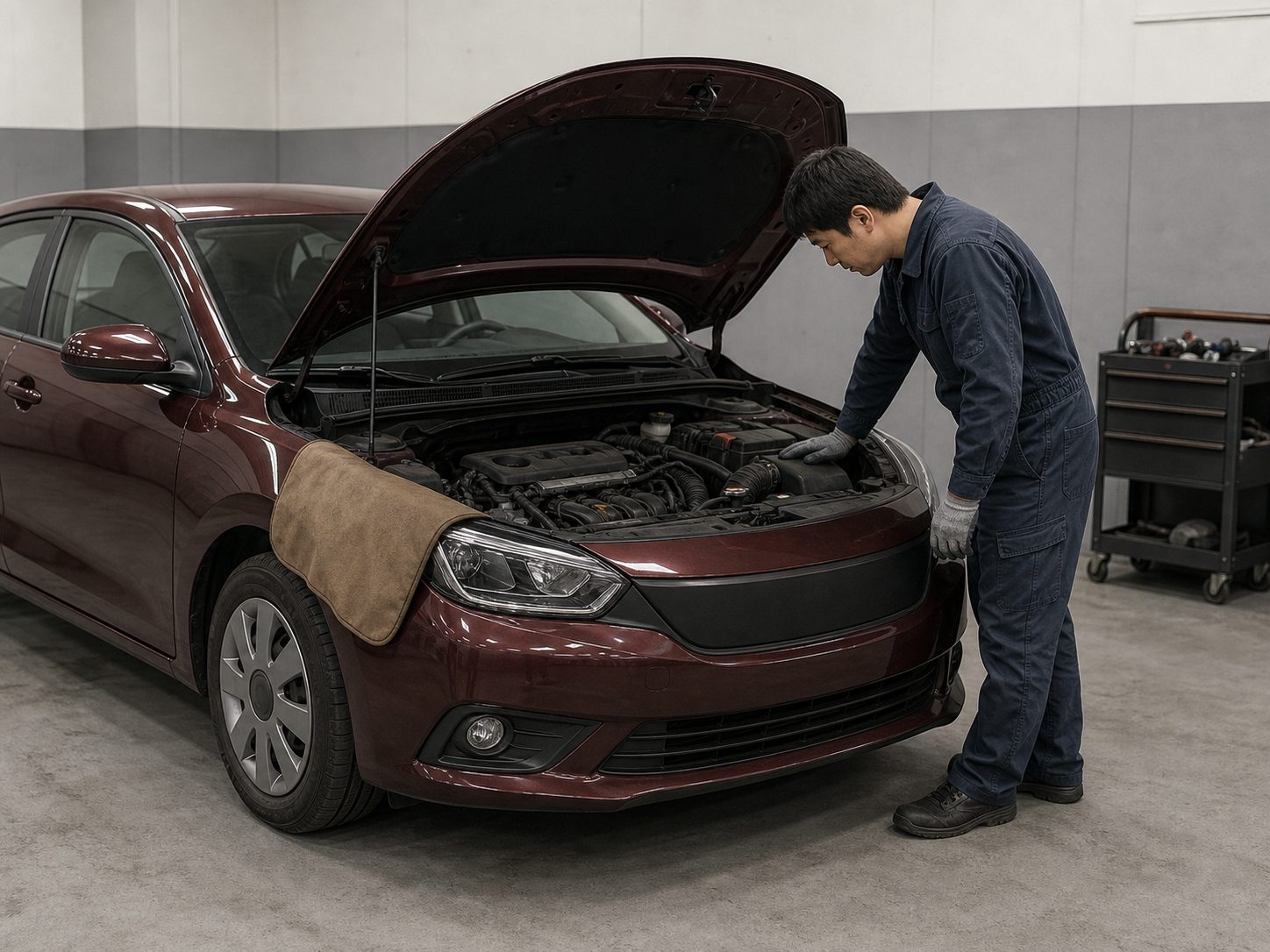 ボンネットを開けた輸入車のエンジンルームを点検する整備士