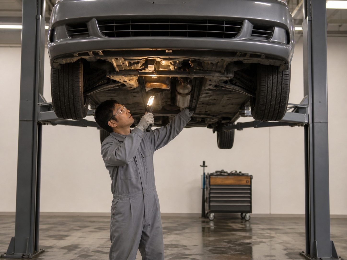 リフトで持ち上げた車の下回りを点検する整備士