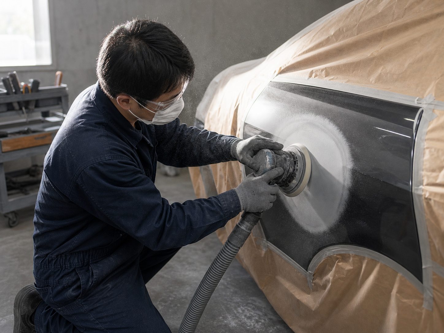 サンダーでボディパネルの塗装面を研磨する作業者