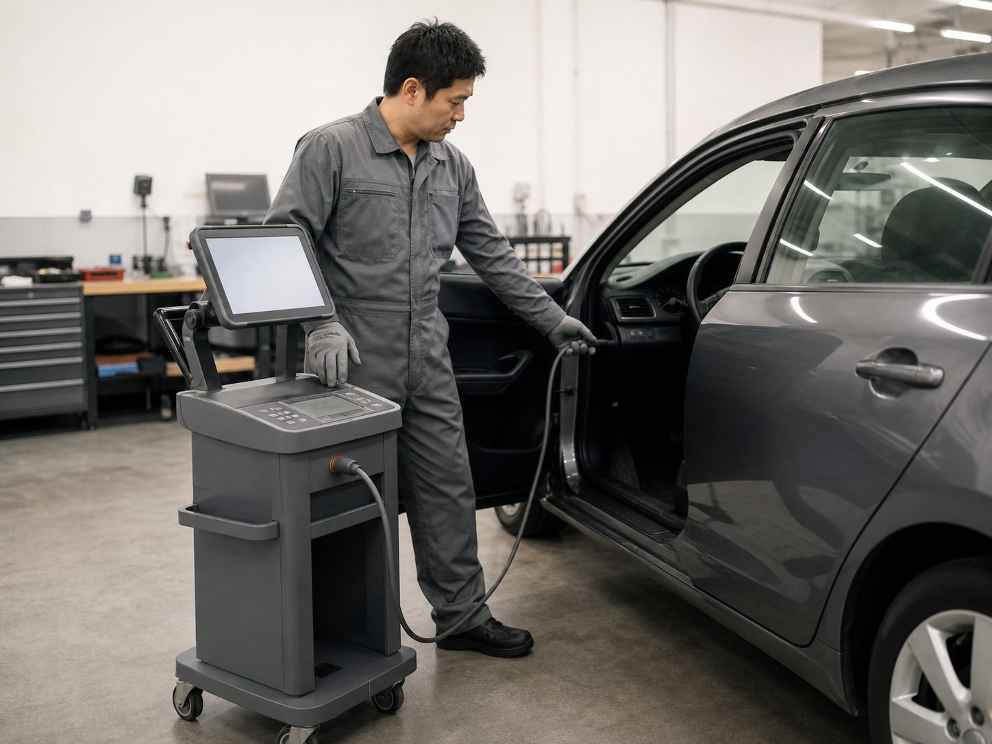 故障診断機を車両につないで点検する整備士